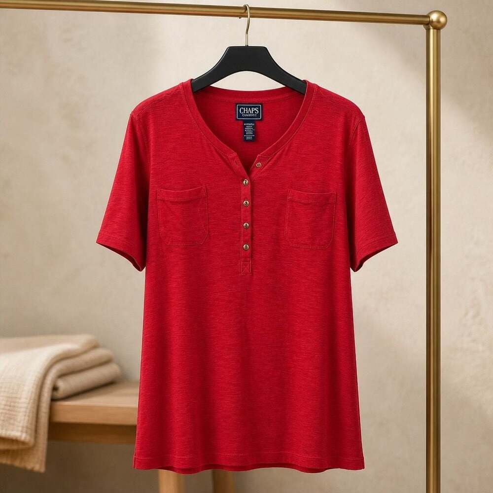Chaps Classics Women's Red Short Sleeve Henley TShirt with Dual Pockets, Size 3X